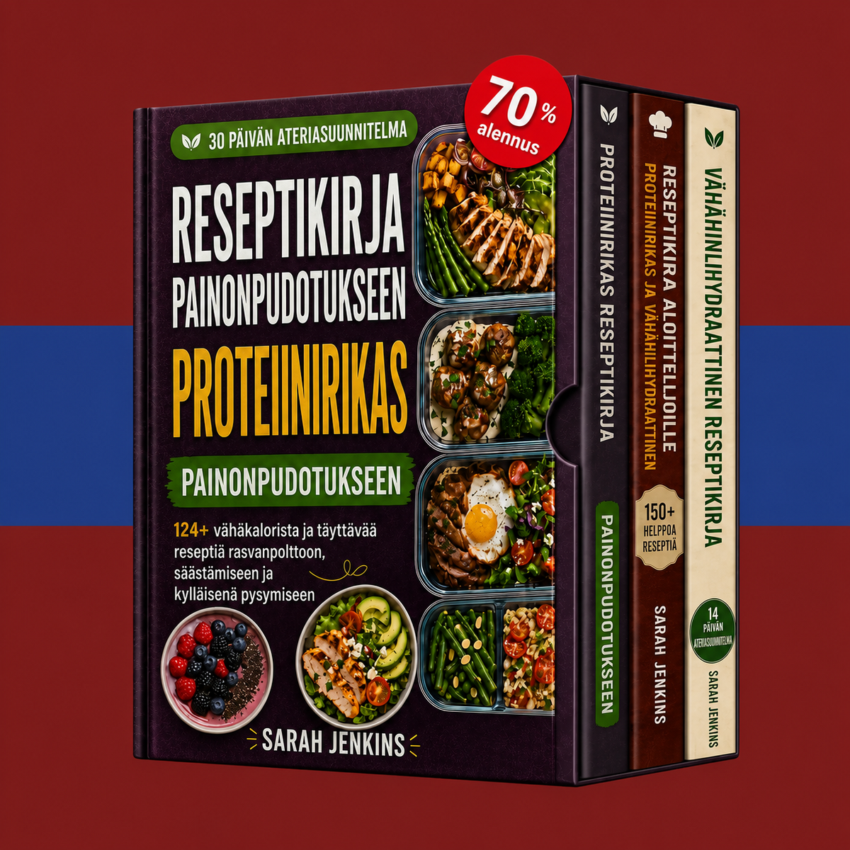 Täydellinen paketti: proteiinipitoisia ja vähähiilihydraattisia reseptejä + 2 BONUSTA